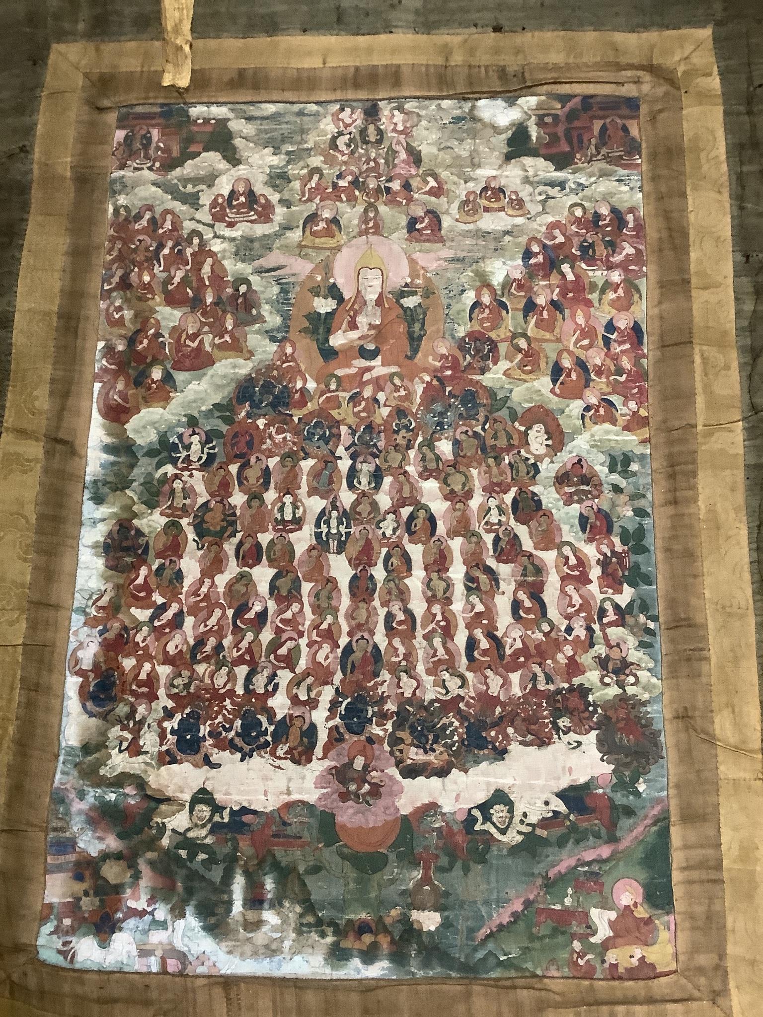 Three early Tibetan thangkas, probably 18th/19th century, each with damages and one in relic condition